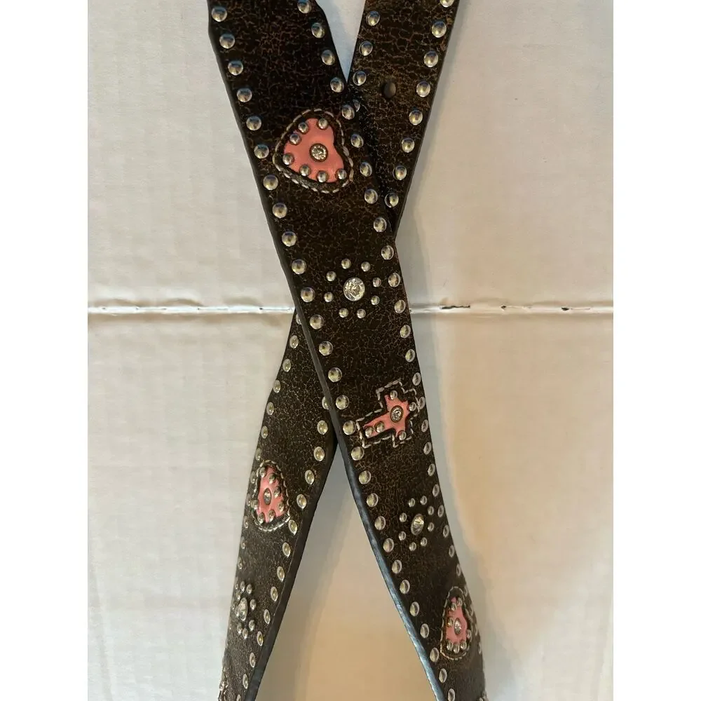 NOCONA Womens Western Belt Sz 28 Brown Leather‎ Studded Pink Heart Silver Buckle